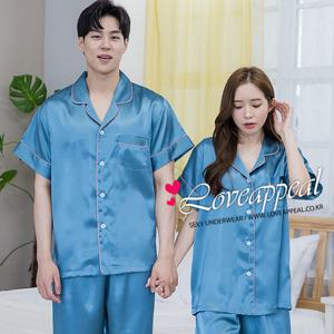 [러브어필]실크느낌 딥블루 반팔 상하 커플잠옷(WP9490,M9490)