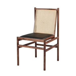 E457 월넛원목 PU가죽 천연라탄 의자