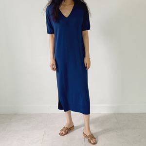 [어반프랑] 차르르 쿨 여름 니트 양브이 반팔 옆트임 롱원피스