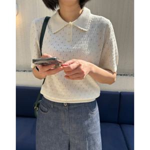 헤지스 여성 25SS 강연 조직감 면 반소매카라 풀오버 아이보리 HSSW5B106IV