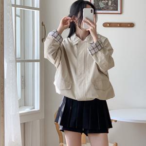 샵앤) 봄신상 여성 카라넥 소매체크 루즈핏 집업 면100 점퍼 SIU-WJP-4277-아이보리