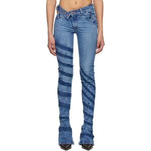 25 FW 마샤 포포바  여성 블루 스트라이프 바이어스 컷 벨바텀 데님 진 251936F069004