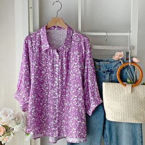 샵앤) 여성 셔링 카라넥 꽃무늬 5부소매 2컬러 블라우스 DGB-WBL-4375-바이올렛