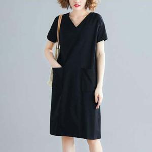 샵앤) 여성 V넥 심플 일자핏 무지 반팔 무릎기장 원피스 WON-WDR-WEEBB8E