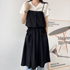 샵앤) 여성 나시 레이어드 빅포켓 허리끈 루즈핏 롱 원피스N NYS-WDR-4480-블랙