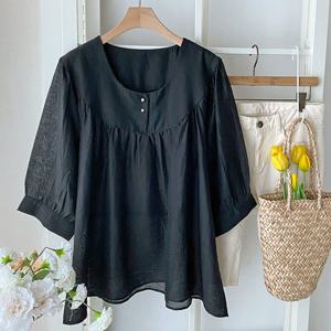 샵앤) 여성 라운드넥 크링클 6부 여름 블라우스 DGB-WBL-4560-블랙