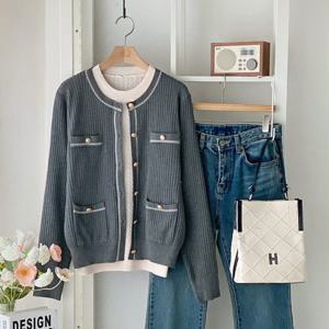 샵앤) 여성 라운드 단추오픈 골지 포켓 데일리 가디건 DGB-WCD-4735-그레이