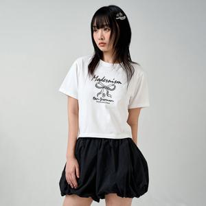 우먼 리본 드로잉 슬림 크롭 반팔티셔츠 BPBTS715F