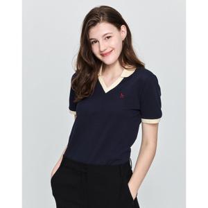 헤지스 여성  브이넥 카라배색 반소매 피케 티셔츠 네이비 HSTS5B903N2