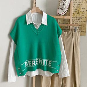 샵앤) 여성 V넥 옆트임 레이어드 캐주얼 니트 망토 조끼 DGB-WVS-4197-그린