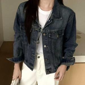 샵앤) 여성 카라넥 워싱 진청 세미크롭 데님 청자켓 MSE-WJP-20788-진청