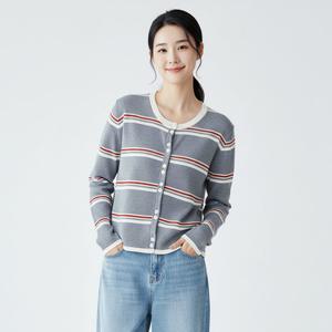 샵앤) 여성 라운드 레드 단가라 긴팔 니트 가디건 MSE-WCD-20819-그레이