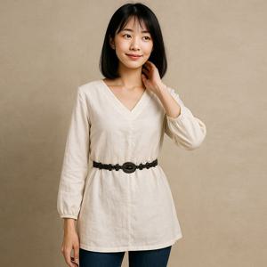 샵앤) 여성 노카라 V넥 심플 무지 긴팔 롱 블라우스 SML-WBL-4920-아이보리