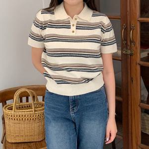 샵앤) 국산 여성 카라넥 단가라 반팔 니트 티셔츠 21DS-WKN-4971-오트밀