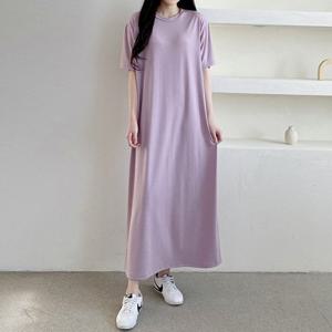 샵앤) H라인 국산 여성 반팔 롱 원피스 ARA-WDR-3159-퍼플