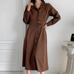 샵앤) 여성 카라 플레어 주름 롱 원피스 CAT-WDR-3827-진베이지