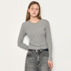 WOMAN 스트라이프 리브드 롱 슬리브 티 [MELANGE GREY] / WBE1L01519