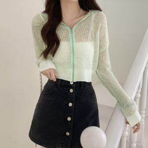 샵앤) 여성 레이어드 크롭 시스루 집업 후드 가디건 CHA-WCD-20364-파스텔그린