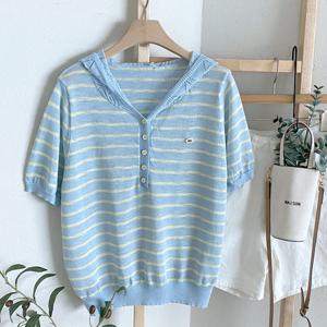 샵앤) 여성 반단추 오픈 투패턴 시슬 후드 반팔 니트티 BONG-WKN-4501-S블루