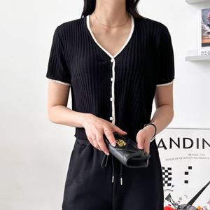 샵앤) 국산 여성 여름 배색 골지 반팔 니트 가디건 WDM-WCD-2LCBB1057