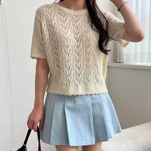 샵앤) 국산 여성 라운드넥 뜨개 그물 펀칭 반팔 니트티셔츠 21DS-WKN-4615-연두