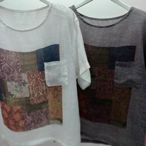 Destijl HC06 린넨 프린팅 양옆트임 품넉넉한 라운드 반팔 시원한  마 티블라우스 D2531BL10