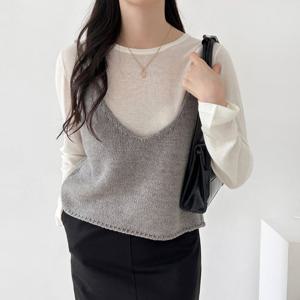 샵앤) 여성 스트랩 리본 나시 뷔스티에 양면 니트 조끼 NYS-WVS-4794-크림