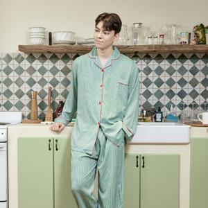 라이트 스트라이프 사계절 파자마 남성 셔츠카라 잠옷세트