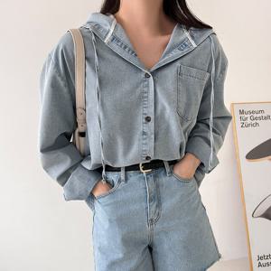 샵앤) 여성 간절기 베이직 후드 데님 셔츠 남방 21DS-WBL-4149-연청
