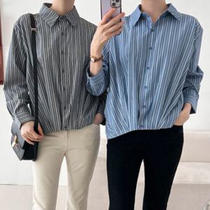 샵앤) 여성 카라넥 밑단셔링 스트라이프 간저릭 남방 셔츠 CAT-WBL-4160-먹색