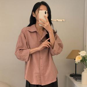 샵앤) 여성 카라넥 스트라이프 베이직 긴팔 남방 셔츠 CAT-WBL-4163-핑크