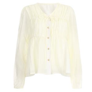 샵앤) 여성 U넥 쉬어 러플 셔링 리본 러블리 블라우스 SOM-WBL-20338-베이지