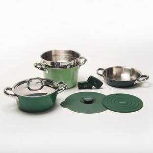 알레보 디엣지 클리어 그린컬러 인덕션 통3중 스텐 냄비 세트(실리콘 손잡이 냄비받침 뚜껑 포함)