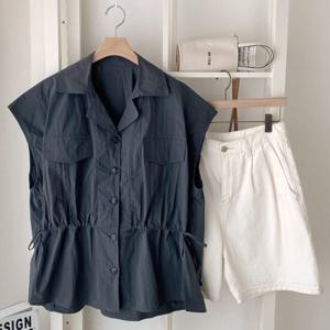 샵앤) 여성 테이퍼드카라 루즈핏 허리끈 레이어드 바스락 조끼 BONG-WVS-4361-진그레이