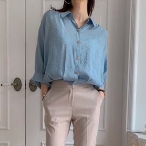 샵앤) 여성 카라넥 밑단스트링 시원한 7부소매 루즈핏 블라우스 셔츠 CAT-WBL-4353-진네이비