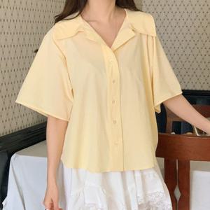 샵앤) 여성 카라넥 시원한 소재 모던 여름 반팔 블라우스 CAT-WBL-4410-네이비