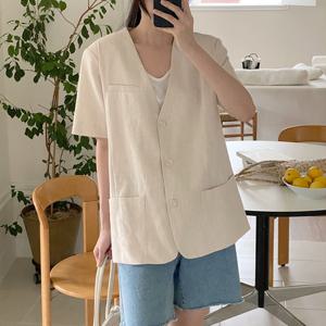 샵앤) 국산 여성 노카라 V넥 단추 린넨 반팔 하프 자켓 SML-WJK-4437-진네이비