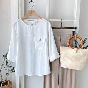 샵앤) 국산 여성 라운드 심플 루즈핏 5부 여름 블라우스 REI-WBL-4642-아이보리