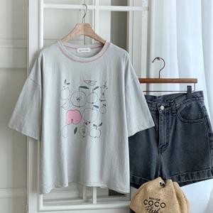 샵앤) 국산 여성 스티치 라운드 사과 스케치 반팔티 FJ-WSH-4650-그레이