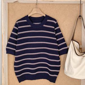 샵앤) 여성 라운드 단가라 잔가로줄 캐주얼 반팔 니트티 DGB-WKN-4729-네이비