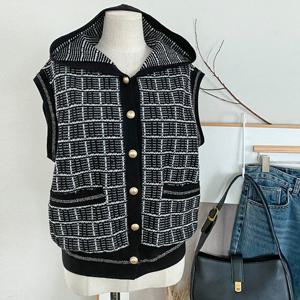 샵앤) 여성 배색 체크 레이어드 후드 니트 조끼 BONG-WVS-4759-블랙