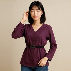 샵앤) 여성 노카라 V넥 심플 무지 긴팔 롱 블라우스 SML-WBL-4920-퍼플