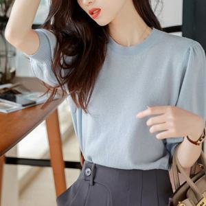 봄 여름 반팔 라운드 넥 여성 기본 니트 블루