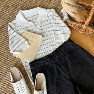 샵앤) 단가라 카라 여성 반팔 니트 티셔츠 JR-WKN-3343-아이보리