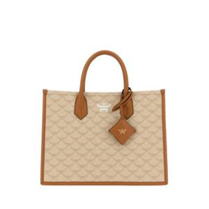 엠씨엠 여성 베이지 미디움 캔버스 프린티드 토트백 MWTESAC02 I9