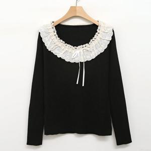 샵앤) 봄 신상 여성 레이스 리본 라운드넥 골지 니트 티셔츠 JR-WKN-4081-블랙