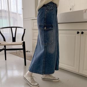 샵앤) 간절기 여성 빅포켓 건빵 데님 롱 스커트 SIU-WSK-4094-중청