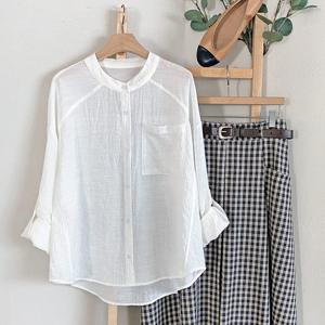 샵앤) 여성 차이나카라넥 나그랑 주름가공 얇은 긴팔 블라우스 DGB-WBL-4335-화이트