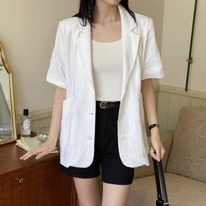 샵앤) 국산 여성 정장 카라넥 린넨 100 반팔 하프 자켓 SML-WJK-4438-블루