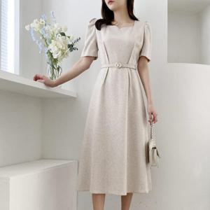 [옷자락]여자 혁대 롱 들러리룩 U넥 반소매 원피스